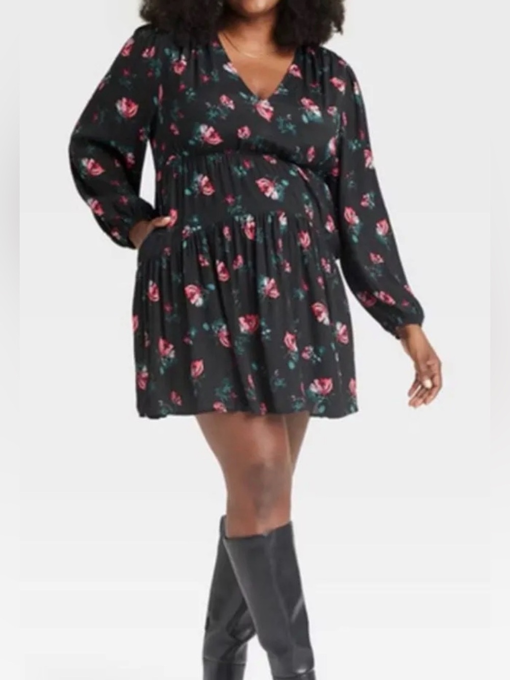 A New Day Women's 2XL Floral Print Long Balloon Sleeve V-Neck Mini Dress